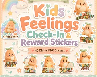 Kids Feelings Stickers, 40 Emotion and Reward Digital PNGs