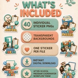 Peut inclure: Un ensemble d'autocollants num&eacute;riques comprenant 40 fichiers PNG individuels avec des arri&egrave;re-plans transparents. Le th&egrave;me pr&eacute;sente un flux de travail de coordinateur p&eacute;riscolaire avec des illustrations de furets et des &eacute;tiquettes textuelles.