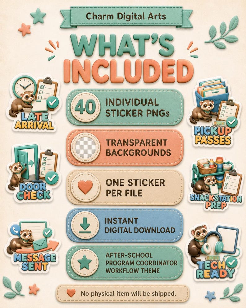 Peut inclure: Un ensemble d'autocollants num&eacute;riques comprenant 40 fichiers PNG individuels avec des arri&egrave;re-plans transparents. Le th&egrave;me pr&eacute;sente un flux de travail de coordinateur p&eacute;riscolaire avec des illustrations de furets et des &eacute;tiquettes textuelles.