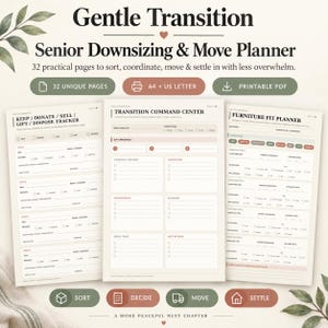 Op de afbeelding: Een digitale planner getiteld Gentle Transition Senior Downsizing & Move Planner, met 32 pagina's in A4- en US Letter-formaat. De printbare PDF bevat trackers voor het sorteren, coördineren en regelen van een verhuizing.