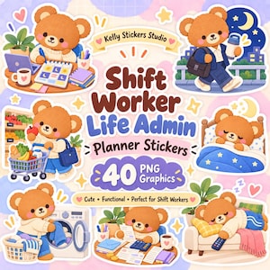 Peut inclure: Une collection de 40 autocollants numériques pour agenda représentant des ours bruns dans diverses activités quotidiennes, comme travailler, faire les courses, la lessive et dormir. Le texte indique Kelly Stickers Studio, Shift Worker Life Admin.