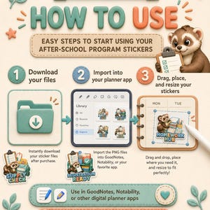 Peut inclure: Un graphique p&eacute;dagogique intitul&eacute; Charm Digital Arts How To Use, montrant un furet de dessin anim&eacute; et trois &eacute;tapes pour utiliser des autocollants num&eacute;riques. Les &eacute;tapes incluent le t&eacute;l&eacute;chargement, l'importation dans une application et le redimensionnement.