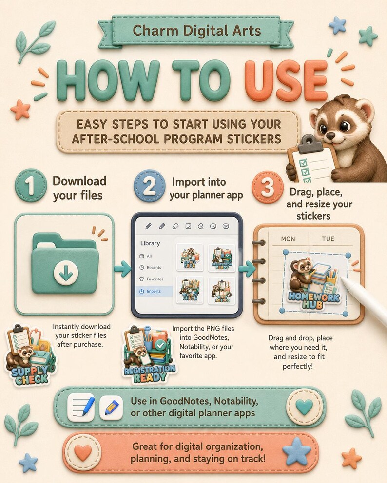Peut inclure: Un graphique p&eacute;dagogique intitul&eacute; Charm Digital Arts How To Use, montrant un furet de dessin anim&eacute; et trois &eacute;tapes pour utiliser des autocollants num&eacute;riques. Les &eacute;tapes incluent le t&eacute;l&eacute;chargement, l'importation dans une application et le redimensionnement.