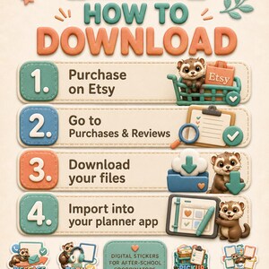 Peut inclure: Un graphique p&eacute;dagogique intitul&eacute; Charm Digital Arts HOW TO DOWNLOAD avec quatre &eacute;tapes num&eacute;rot&eacute;es. Il pr&eacute;sente des furets de dessin anim&eacute;, des ic&ocirc;nes pour Etsy, des fichiers et des applications de planification, ainsi que des &eacute;tiquettes.