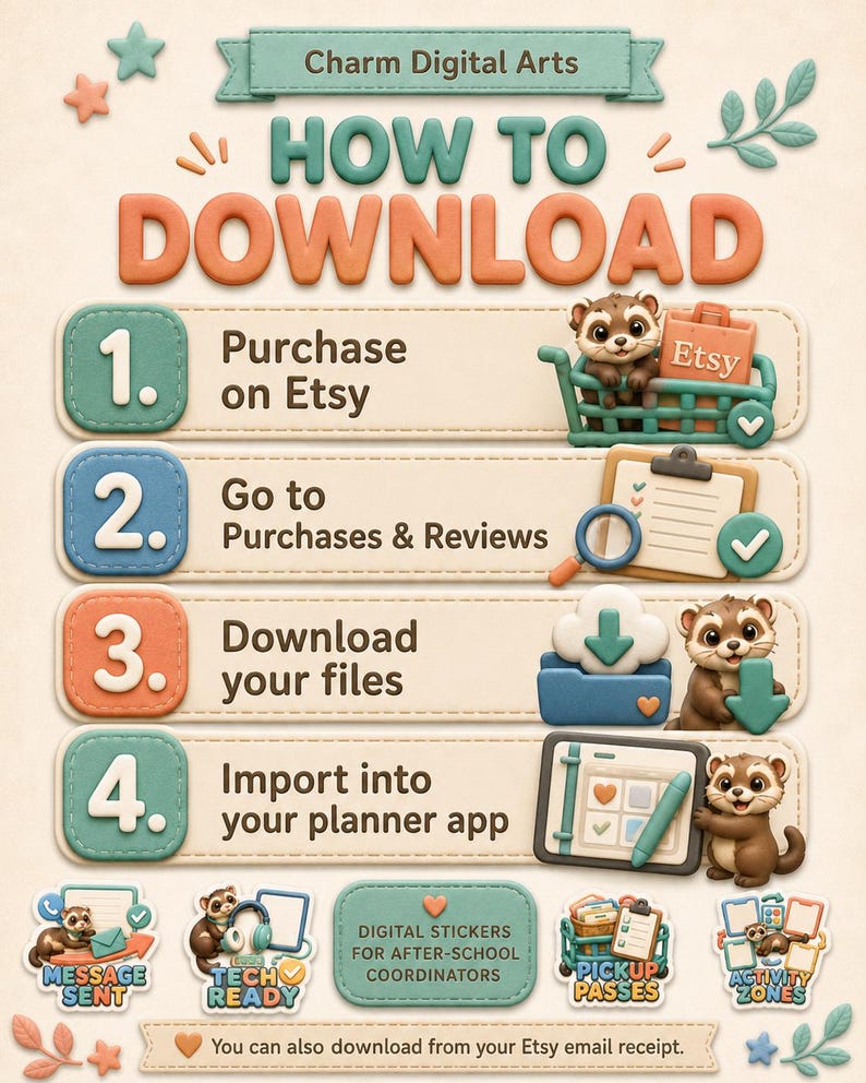 Peut inclure: Un graphique p&eacute;dagogique intitul&eacute; Charm Digital Arts HOW TO DOWNLOAD avec quatre &eacute;tapes num&eacute;rot&eacute;es. Il pr&eacute;sente des furets de dessin anim&eacute;, des ic&ocirc;nes pour Etsy, des fichiers et des applications de planification, ainsi que des &eacute;tiquettes.