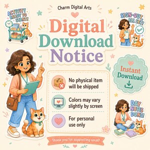 May include: A digital download notice graphic featuring the text Charm Digital Arts, Digital Download Notice, and Instant Download. It includes illustrations of a person with a cat, icons for no shipping, screen colour variations, and personal use only.