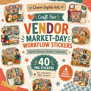 May include: A digital sticker collection titled Vendor Market-Day Workflow Stickers featuring 40 individual PNG stickers. The set includes illustrations of hedgehogs and people preparing for craft fairs with text like Application Sent, Booth Confirmed, Packaging Prep, Inventory Packed, Market Day, Sales Tracker, Booked & Ready, and Follow-up Sent.
