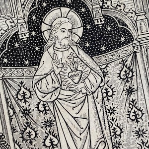 Un'antica immagine di preghiera francese del Sacro Cuore, immagine di preghiera latina