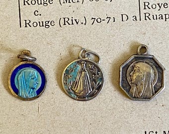 Three tiny vintage French Virgin Mary medals