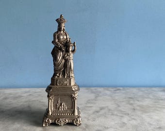 A vintage French metal  statue of the Virgin Mary and Christ child