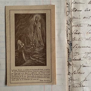 Een vintage Franse gebedskaart, Maagd Maria, St. Bernadette, Lourdes