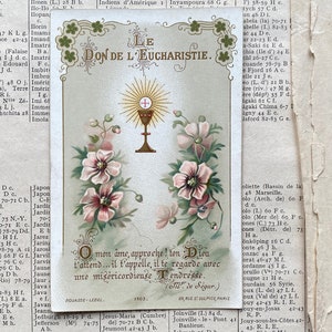 Eine antike französische religiöse Karte, Andenken zur Erstkommunion, Eucharistie, 1906