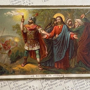 Una cartolina religiosa francese d'epoca, il bacio di Giuda