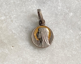 A tiny little vintage French religious medal, Our Lady, St Bernadette