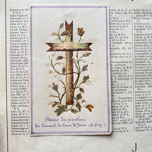 Carte de prière française vintage faite main, fleurs pressées