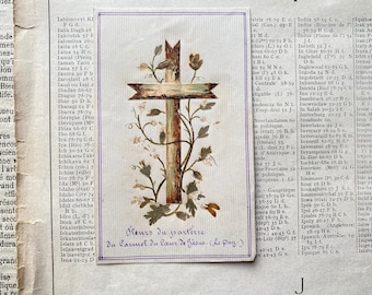 Handmade vintage French prayer card, pressed flowers