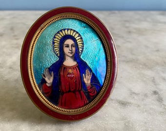 A vintage enamel shrine to the Virgin Mary, easel shrine