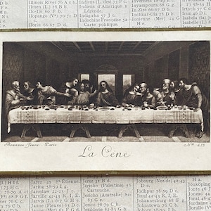 Una antigua tarjeta de recuerdo de la Primera Comunión francesa, La Última Cena, estampilla de oración francesa