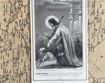 An antique French prayer card, The Good Shepherd, Le Bon Pasteur