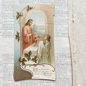 Eine antike französische religiöse Karte, Souvenir zur ersten Kommunion, 1910