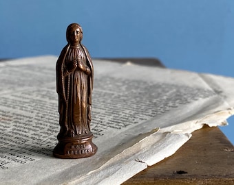 A tiny vintage French pocket Saint, Our Lady of Lourdes, copper