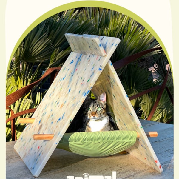 Cat House with Hammock bed made of recycled material. Environmentally friendly Teepee conscious about planet & animal welfare. Eco comfort