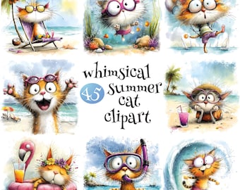 45 JPG Whimsical Summer Cat Clipart, Watercolor Beach Kitty Bundle