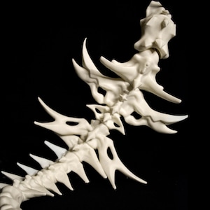 Puede incluir: Escultura detallada en blanco roto de una columna vertebral de dragón, con elementos afilados y curvos y una cola segmentada. La escultura está sobre un fondo negro. El texto "THE LAIR Le Terrier" es visible en la esquina inferior derecha.