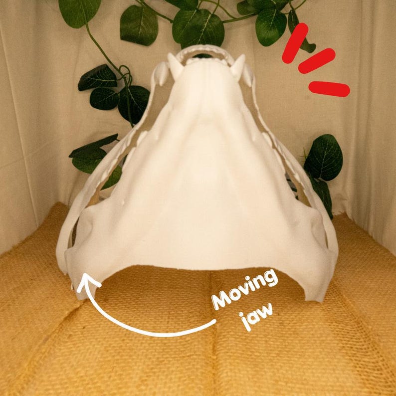 以下が含まれることがあります： 可動式の顎が付いた白い3Dプリントのスカル。緑の葉のあるニュートラルな背景に配置されています。スカルは詳細なレプリカで、顎と歯の構造を示しています。