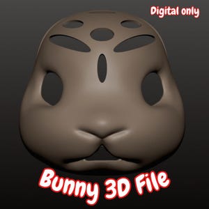 Puede incluir: Un modelo digital 3D marrón de una máscara de cabeza de conejo con grandes cuencas oculares, una nariz pequeña y una serie de recortes circulares y ovalados en la parte superior. El texto Digital only y Bunny 3D File es visible en blanco con bordes rojos.