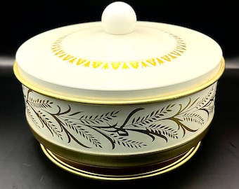 Vintage 1950's Guildcraft Metal Gold Wheat & Ivory Sewing Tin with Gold Tone Base