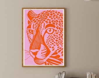 Pink Tiger Art Print, Leopard Poster Print, Cheetah Wall Art, Preppy Prints, Trendy Animal Art Print, Maximalist Decor, Colorful Wall Art