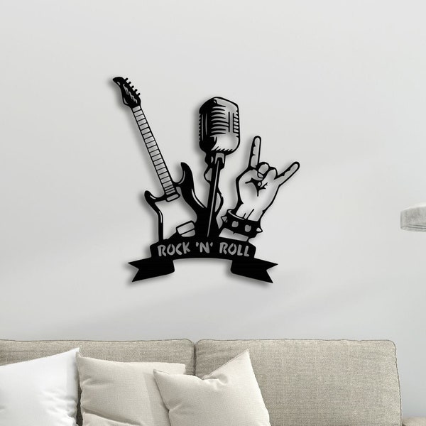 Rock n Roll Metal Sign, Rock & Roll Metal Wall Art, Rock n Roll Guitar Wall Sign, Music Room Studio Decor, Rock Singer Gift, Guitarist Gift