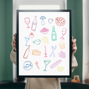 Retro Dinner Table Print, plakat z ilustracjami jedzenia i napojów, maksymalistyczna galeria sztuki kuchennej, wystrój apartamentu, wydruk artystyczny wózka barowego