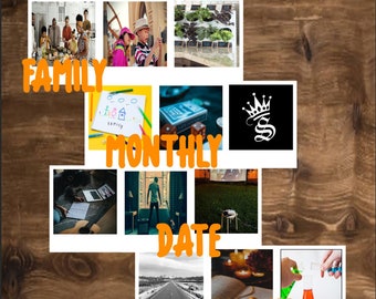 Puede incluir: Un collage de imágenes que representan diferentes actividades familiares, como cocinar, jugar juegos, jardinería y pasar tiempo juntos. El texto "Family Monthly Date Night" se superpone a las imágenes.