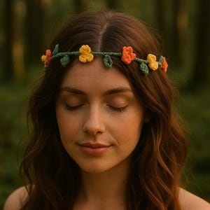 Corona de flores de crochet personalizada - Diadema bohemia - Enredadera floral para festivales - Accesorio hecho a mano para primavera/verano - Hilo 100 % algodón - 2 versiones
