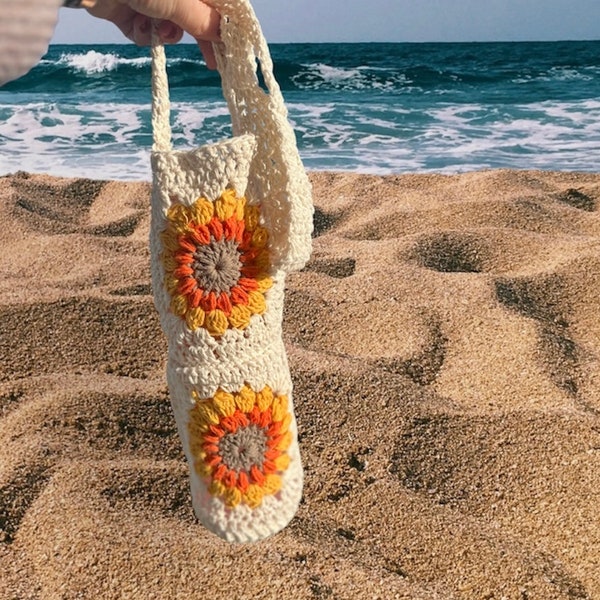 Artisan-crafted Sunflower Granny Square Water Bottle Holder - Eco-Friendly - Your Perfect Hydration Companion