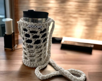 Porte-bouteille personnalisé au crochet, support respectueux de l'environnement pour les bouteilles, la tasse à café et le vin 80 % coton recyclé, cadeau fait main pour tous