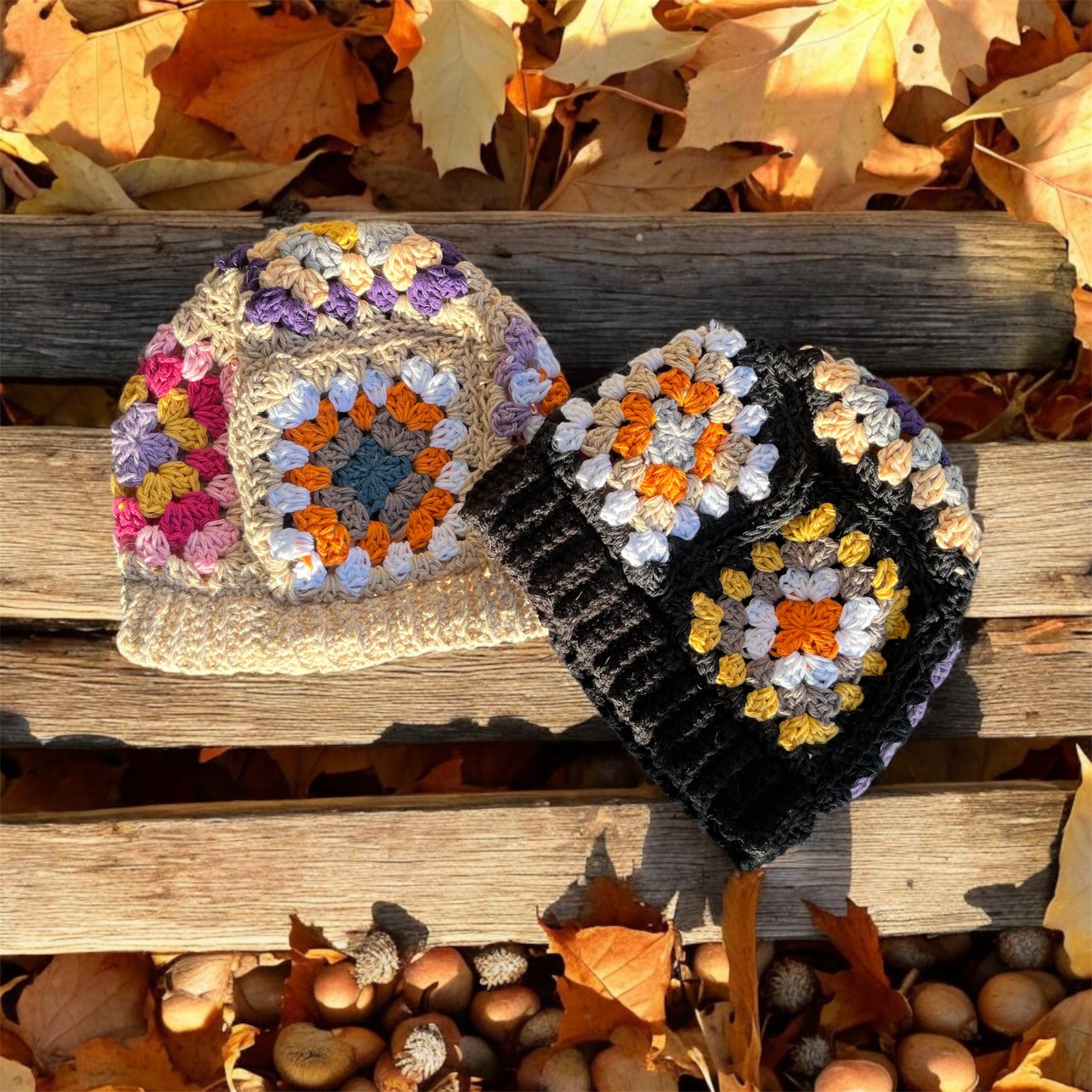 Handmade Granny Square Crochet Beanie Fall Multicolor Ribbed Boho Winter Hat Womens Brown Crochet Bobble Beanie, Handwarmers, Headband  main image 3
