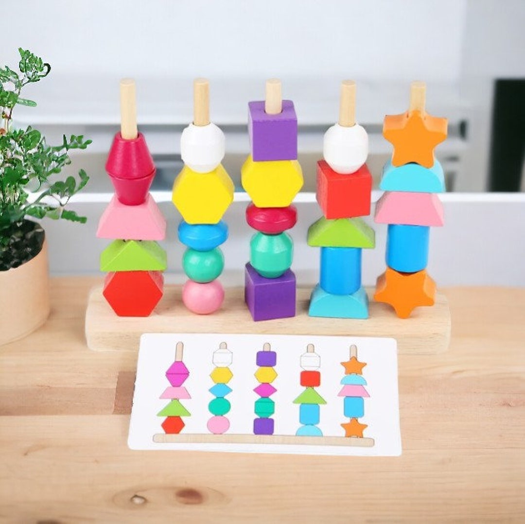 Montessori Wooden Toys Color Shape Matching Puzzle Game Colorful Beaded ...