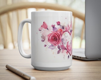 Love Blossoms: Watercolor Hearts & Roses Valentine's Mug