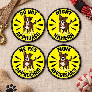 Puede incluir: Cuatro parches circulares amarillos con bordes negros, cada uno con un perro marrón y blanco con collar rojo. El texto dice DO NOT APPROACH, NICHT NÄHERN, NE PAS APPROCHER y NON AVVICINARSI, advirtiendo a los demás que mantengan distancia.
