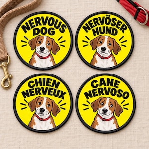 Stryk-på-hundvarningslapp: Nervös hund (flera språk)