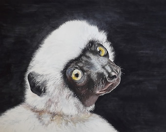 An original watercolor painting of a monkey in staring back gesture.