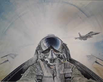 Original watercolor painting of a F-16 fighter pilot in the cockpit