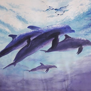 Dipinto ad acquerello originale di un gruppo di delfini.
