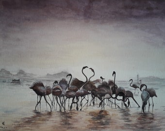 Original watercolor painting of a group of Flamingos