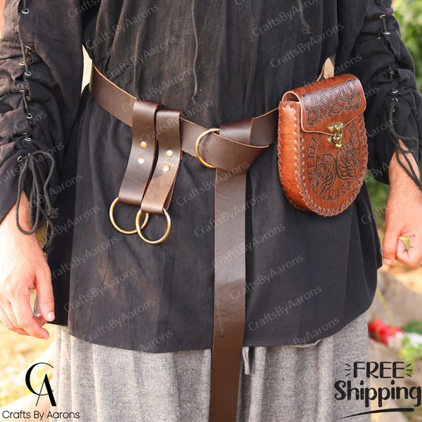 Ren Faire Medieval Leather Belt, Renaissance Viking Brown Belt, Renaissance Gothic Larp Pirate Bag, Small Waist Belt Pouch with Skirt Hikes