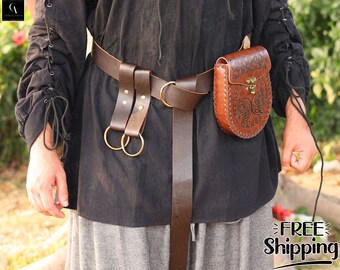 Ren Faire Medieval Leather Belt, Renaissance Viking Brown Belt, Renaissance Gothic Larp Pirate Bag, Small Waist Belt Pouch with Skirt Hikes