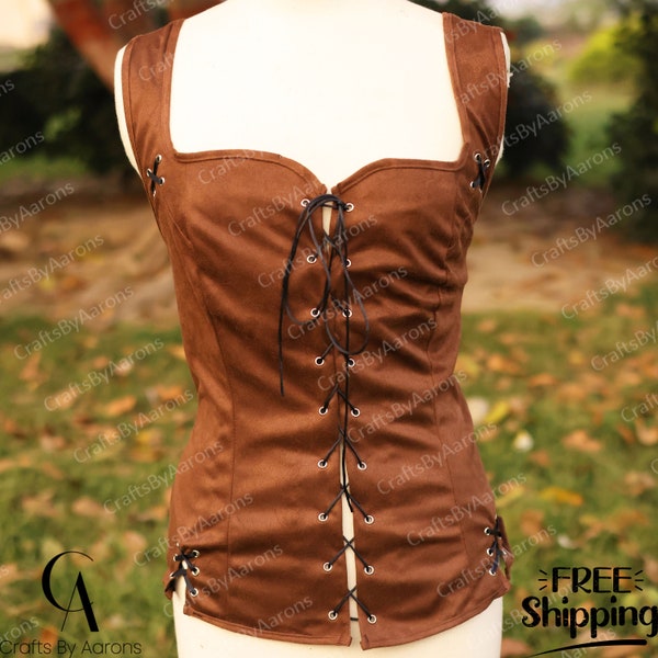 Medieval Brown Plus Size Corset, Renaissance Lace-up Overbust Corset, Medieval Renaissance Viking Womens Vest, Comfort Colors Pirate Corset